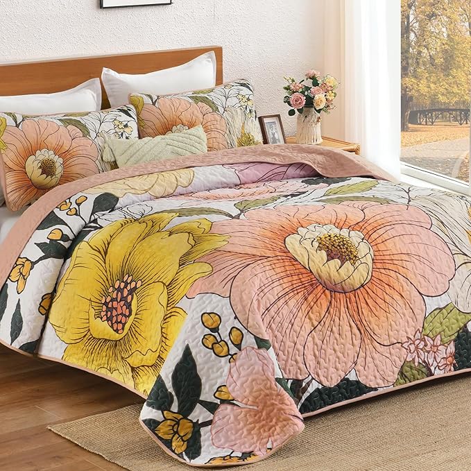 Dintszyayue Pink Quilt Set King, 3 Pieces Floral Bedspreads Lightweight Coverlet Set for All Seasons, Reversible Quilted Printed Bedding Set with 2 Pillow Shams