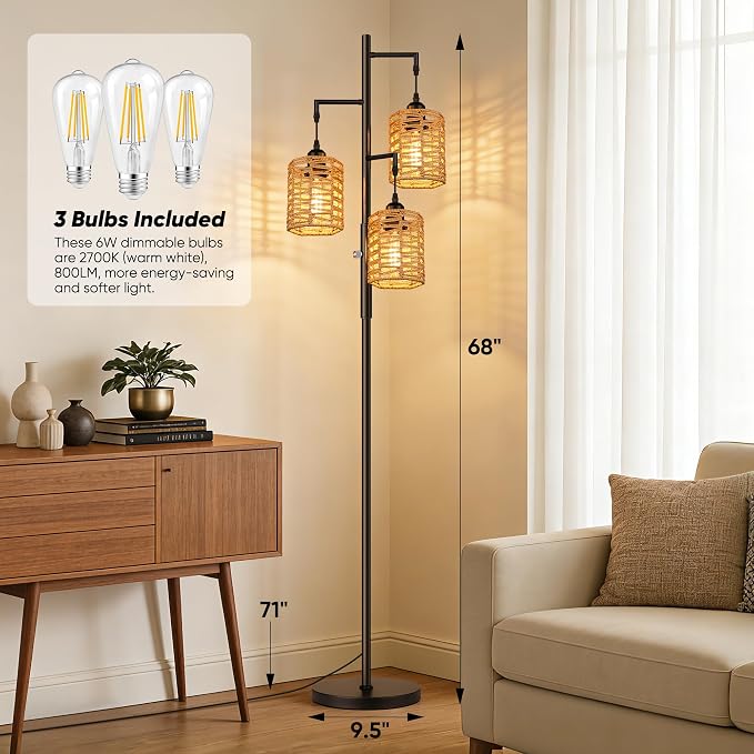 ROTTOGOON Dimmable Rattan Floor Lamp, 3 x 800LM LED Bulbs Included, Boho Tree Standing Lamps with 3 Hand-Woven Octagonal Lantern Shades, Industrial Floor Lamp for Living Room, Bedroom, Office - Black