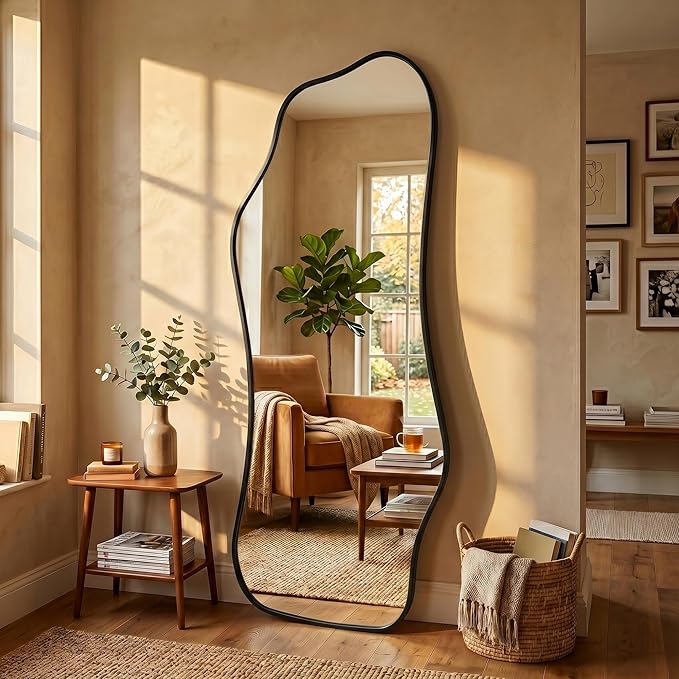 Mirror Full Length - Irregular Full Body Mirror Standing or Leaning or Wall Hanging 62.2"x 22.8" Asymmetrical Aviation Aluminum Alloy Frame Unique for Bedroom, Living Room, Cloakroom, Entryway