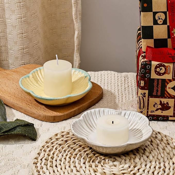 Koythin Ceramic Candlestick Holder for Pillar Candles, Floral Shape Candle Stand & Dish Bowl for Candlesticks, Incense, Decorative Ceramic Plate Tray for Table Centerpiece and Home Decor (Yellow)