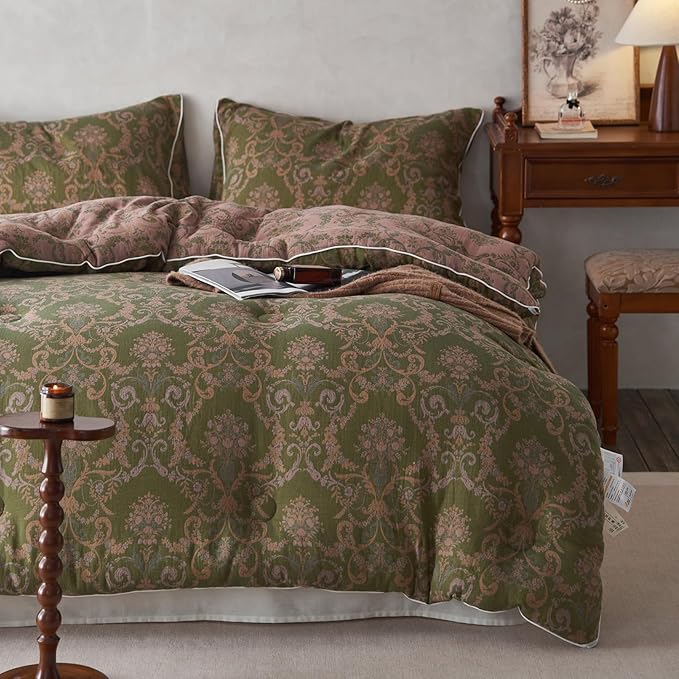 HighBuy Queen Comforter Set Muslin Cotton Bedding Set Paisley Floral Print Comforter Luxury Breathable Boho Comforter Sets Green,1 Lightweight Comforter (90"x90") and 2 Pillowcases (20"x26")