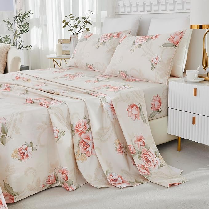Brandream Floral Bed Sheets Twin Size Luxury Blossom Flower Print, 100% Egyptian Cotton 4 Pieces Sheet Set, Kids Sheets, Cooling Sheets for Twin Size Bed Deep Pockets, Floral Bed Sheets