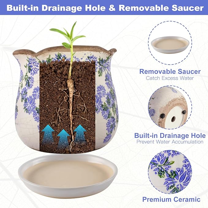 Ceramic-Planters-for-Indoor-Plants with Saucer, 6 inch Vintage Ice Crackle Glaze Plant Pots with Drainage Holes, Decorative Flower Pots for Outdoor Garden Home Decor, Tuscan Pot for Plant