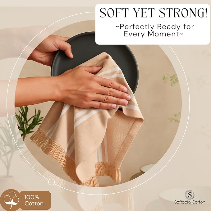 Prewashed Stripe Kitchen Towels 12 Pack, 16x26 Inches, 100% Cotton, Dish Towels for Kitchen Drying, Reusable Tea Towels, Absorbent Wash Cloths, Quick Dry and Machine Washable - Beige