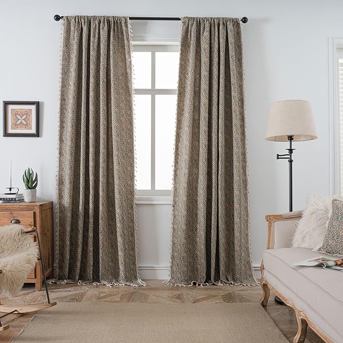 ENJOYBRIDAL Floral Living Room Curtains 63 Inch Length Boho Drapes Short Jacquard Semi Sheer Bedroom Window Curtains Patterned Farmhouse Country Rod Pocket Aesthetic Tassel 2 Panels Window Treatments