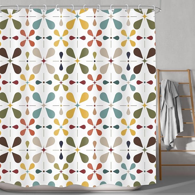 White Boho Mid Century Shower Curtain Bathroom Set 71Wx71H Inches Modern Vintage Abstract Bohemian Colourful Geometry Retro Bath Accessories Aesthetic Girly Art Home Decor Fabric 12 Pack Hooks