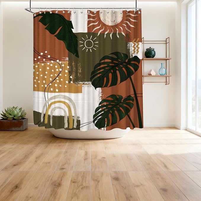 Extra Long Shower Curtain Extra Tall Mid Century Modern XL Abstract Tropical Leaf Shower Curtains for Large Bathroom Decor Sets, Waterproof Cloth Fabric with Hooks, 108x72 Inch
