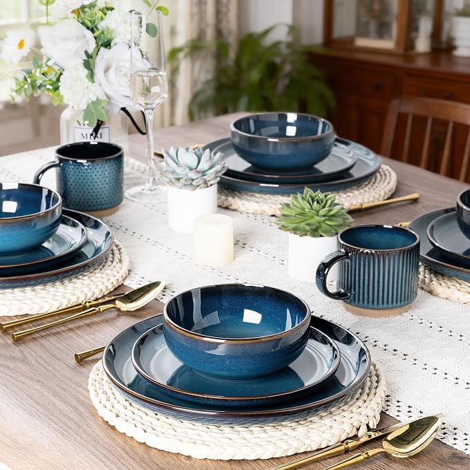 GBHOME Ceramic Dinnerware Sets for 4, 12 Pieces Stoneware Plates and Bowls Sets, Scratch Resistant Dishes, Dishwasher & Microwave Safe, Reactive Glaze-Pacific Blue