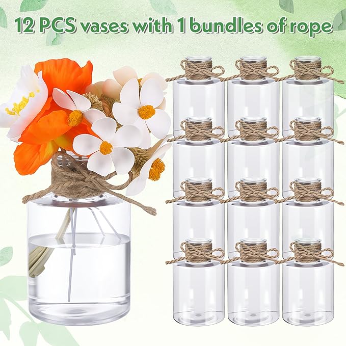 12 Pack Clear Plastic Vases for Centerpiece, Clear Shatterproof Bud Vases Small Floral Containers for Wedding Table Decor, Bulk Hyacinth Bulb Growing Jars (4.7 Inch)