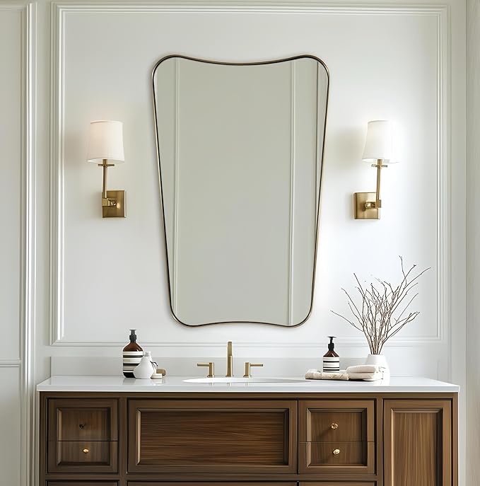 ANDY STAR Gold Mirror, 24x36 Irregular Wall Mirror, Gold Antique Bathroom Vanity Mirror, Brass Mirrors for Wall, Asymmetrical Mirror in Rust-Proof Stainless Steel Metal Frame, Wall Mount Vertically