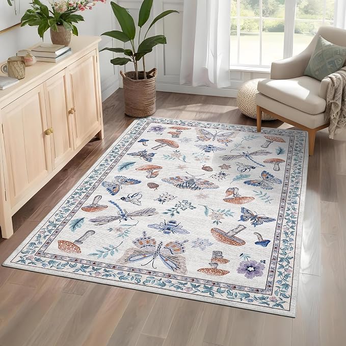 5x7 Washable Mushroom Floral Small Rug Non Slip Living Room Vintage Area Rug Low Pile Soft Bedroom Rugs Non Shedding Kitchen Rugs Boho Retro Indoor Carpet for Kids Nursery Room, Beige