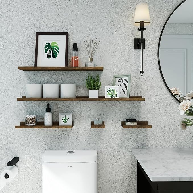 Small Floating Shelves for Wall Decor, Wall Mounted Wood Shelf for Bedroom, Living Room, Bathroom, Kitchen, Nursery, Display Ledge Shelf with Lip Set of 2-8 Inches, Brown