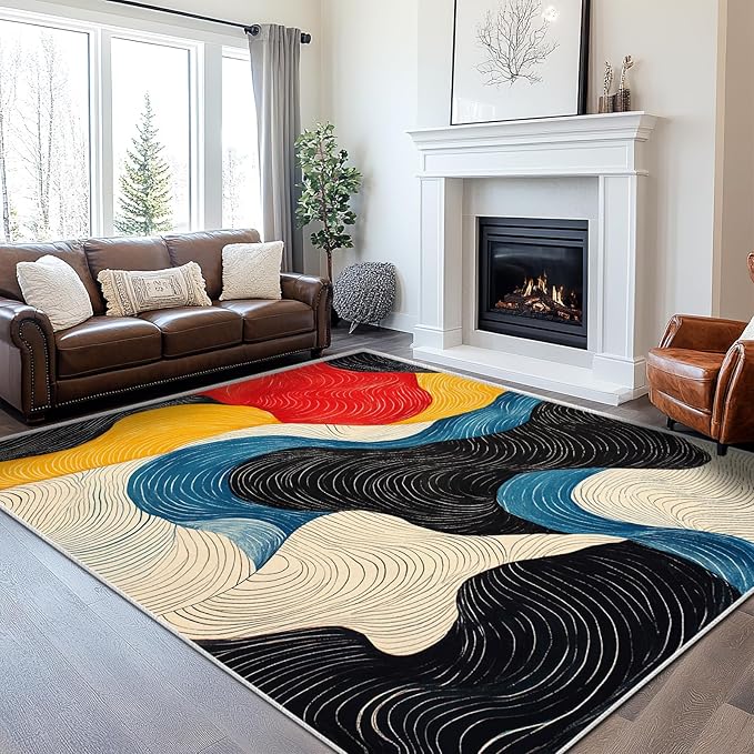 6x9 Colorful Area Rug Modern Abstract Black White Blue Beige Red Yellow Bedroom Rug Soft Low Pile Thin Large Carpet Living Room Non Slip Dining Room Stain Resistant Office Washable Machine