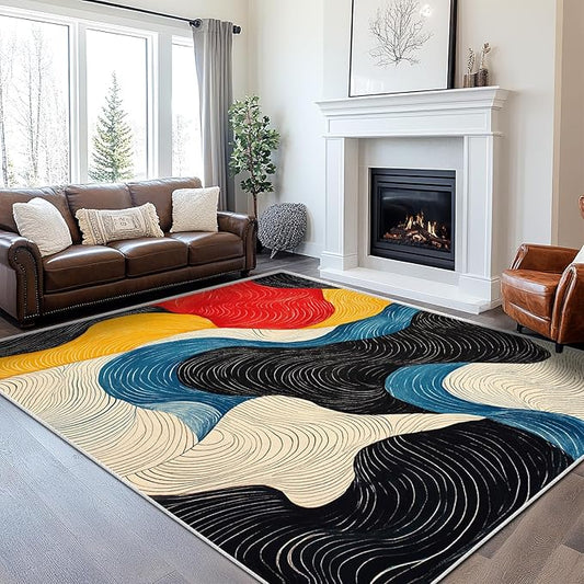 6x9 Colorful Area Rug Modern Abstract Black White Blue Beige Red Yellow Bedroom Rug Soft Low Pile Thin Large Carpet Living Room Non Slip Dining Room Stain Resistant Office Washable Machine