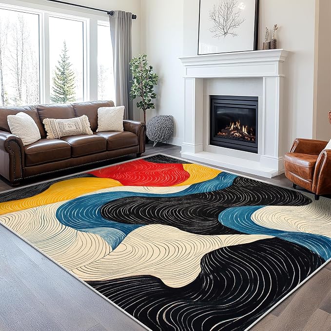 5x7 Colorful Area Rug Modern Abstract Black White Blue Beige Red Yellow Bedroom Rug Soft Low Pile Thin Large Carpet Living Room Non Slip Dining Room Stain Resistant Office Washable Machine