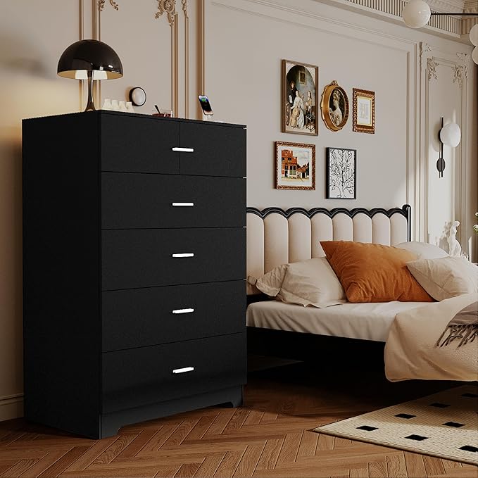 Dresser for Bedroom with Power Outlets Wood 5 Drawer Dresser with Large Storage Space Black Chest of Drawers with Smooth Metal Rail Tall Storage Organizer for Bedroom Living Room Closet