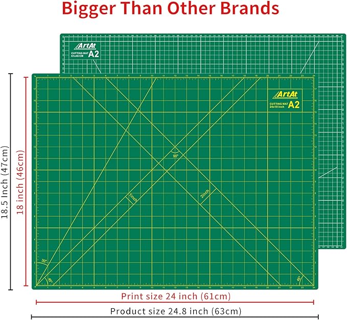ArtAt Self Healing Cutting Mat: 18″x 24″ Green Double Sided, Non-Slip 5 Layers PVC Durable A2 Sewing Craft Mat for Rotary Cutter, Use for Quilting, Scrapbooking and Craft & Art Projects…