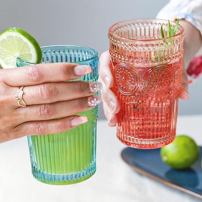 Kate Aspen Vintage Textured Aqua Blue Striped Drinking Glasses Set of 6-13 oz Ribbed Glassware with Flower Design | Cocktail Set, Juice Glass, Water Tumbler