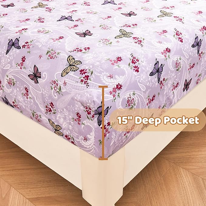 Softan Purple Floral Bed Sheets Full, Paisley Flower Printed Sheet Set, Cozy Microfiber Fitted Sheet with 15" Deep Pocket & Non-Slip Straps, Butterfly Patterned Sheets & Pillowcase Set