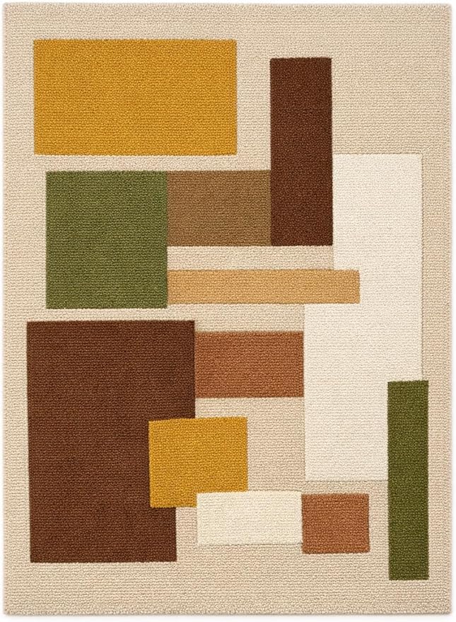 Hand Tufted Wool Geometric Rug-Mid-Century Modern Abstract Geometric Wool Earth Tone Green, Mustard & Terracotta Rug - Handmade Tufted Area Rug for Home Decor (5x7 Square Feet)