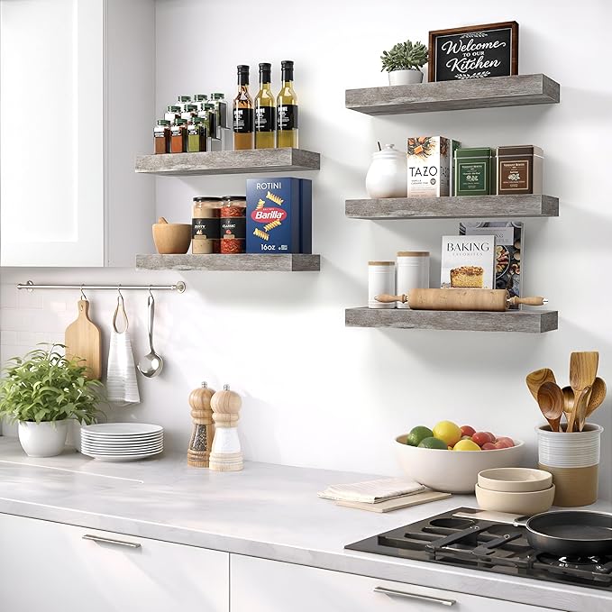 Sorbus Floating Shelves for Wall – 16 Inch Floating Shelf for Kitchen, Bedroom, Living Room, Bathroom, Home & Wall Decor - Mounted Bathroom Shelves with Invisible Brackets (Grey, 4 Pack)