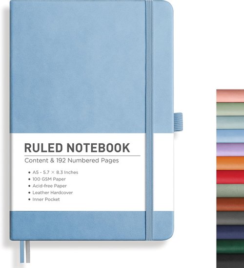 RETTACY Lined Journal Notebook - A5 Medium Size (5.7'' x 8.3'') | 192 Numbered Pages, Leather Hardcover, Light Blue