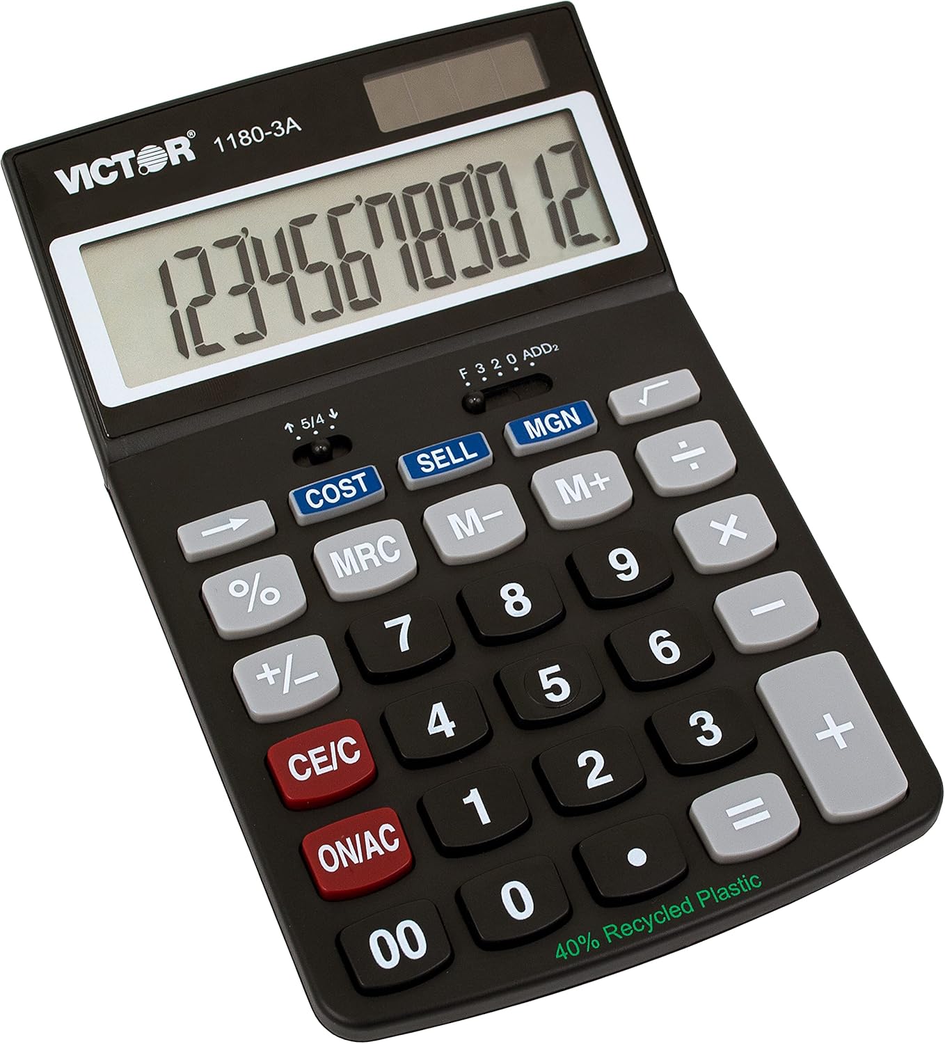 Victor 1180-3A 12-Digit Calculator - Battery & Solar Hybrid | Adjustable Angle LCD Display, Black