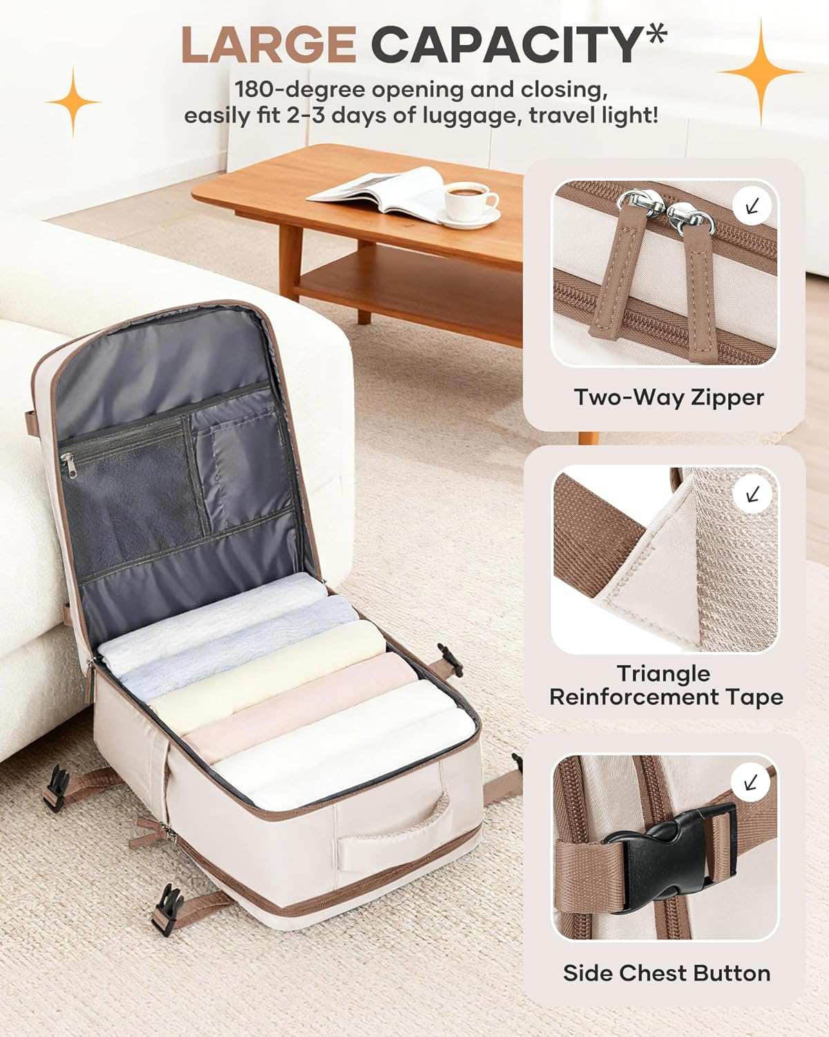 Skiennix Travel Backpack - Flight Approved Personal Item Bag for Airlines | Large Beige & Brown Design