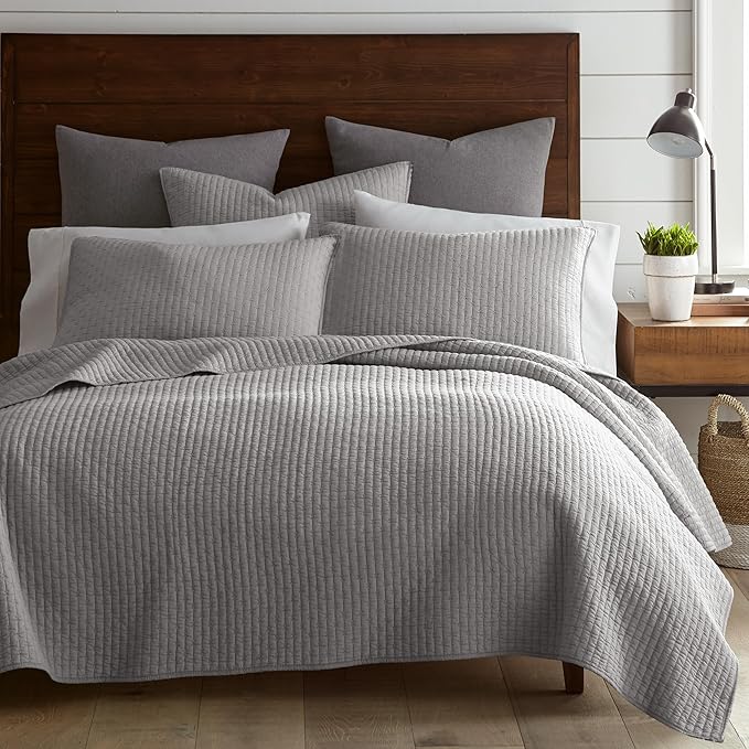 Levtex Home Cross Stitch Reversible King/Cal King Quilt Set (106x92in) and 2 Pillow Shams (36x20in) - Stitch Texture - Light Grey - Cotton King Size Quilt Bedding Set - Lightweight, Soft, Pre-Washed
