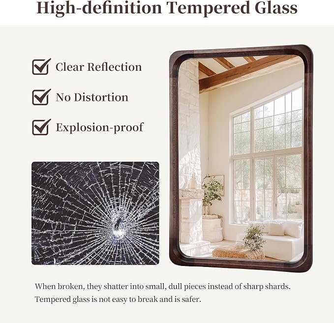 Tanmicoshomy Wood Bathroom Mirror 20 x 30 Inch, Solid Wood Framed Rectangle Mirrors with Tempered Glass for Living Room Bedroom or Entryway(Dark Brown)
