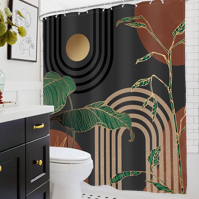 Glawry Brown Abstract Mid Century Shower Curtain Boho Retro Tropical Palm Tree Leaves Sun Arch Modern Bathroom Aesthetic Geometric 72Wx72L Inches Bath Accessories Art Home Decor Fabric 12 Pack Hooks