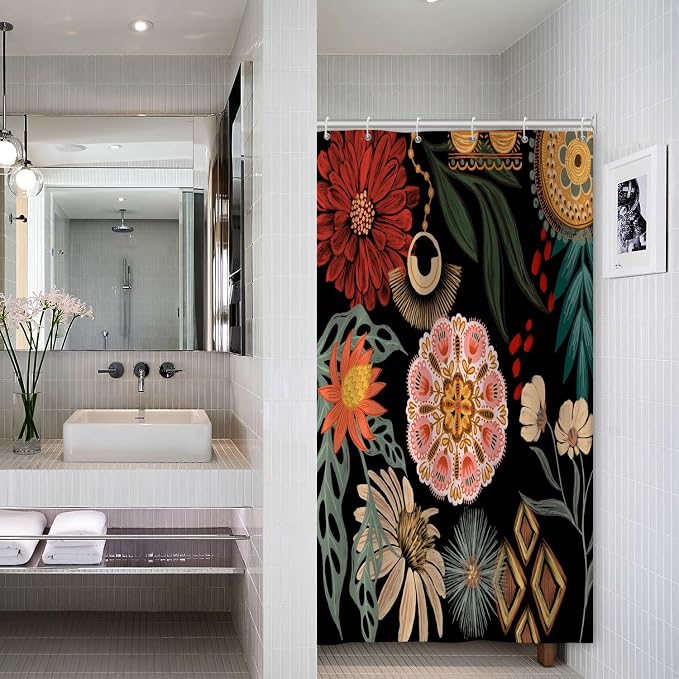 Black Boho Floral Shower Curtain Abstract Botanical Mid Century Modern Bathroom Decor Tropical Flower Shower Curtain with 10 Hooks,54x78 inches