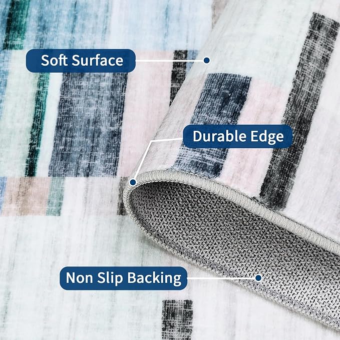 Modern Area Rugs 5x7 Rug for Living Room Washable Geometric Throw Rugs with Non-Slip Backing, Non-Shedding Contemporary Accent Carpet, Low Pile Floor Cover for Bedroom, Office, Blue