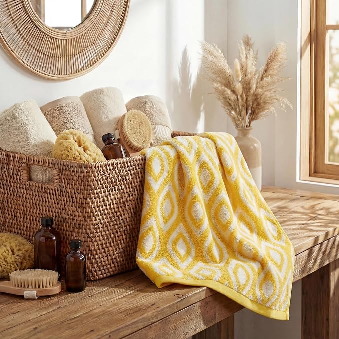 Artoid Mode 2 Pcs Beige Yellow Diamond Grid Jacquard Hand Towels for Bathroom, 100% Cotton Soft Absorbent Bathroom Decor Towels, 13.7 x 29.5 Inch