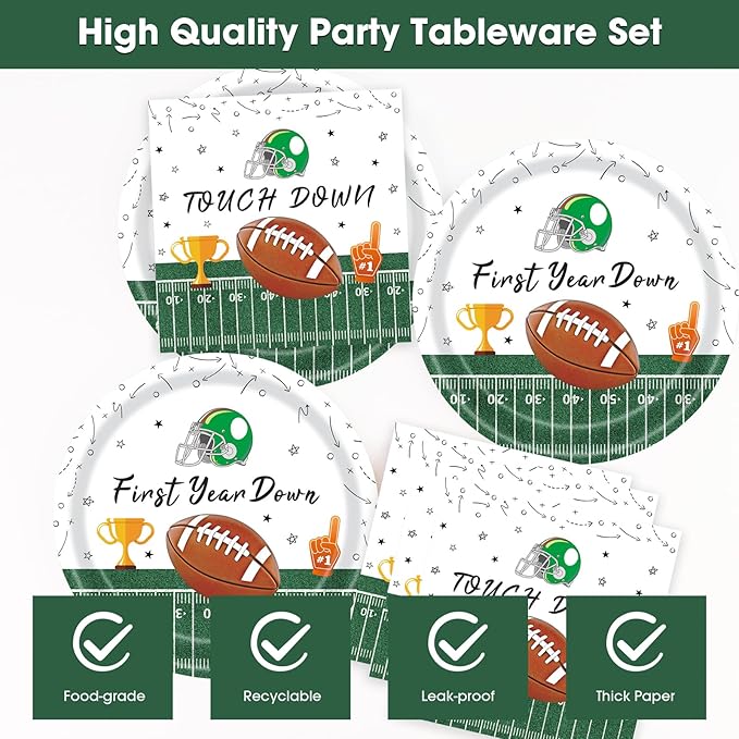72 Pcs First Down Football Plates and Napkins - DIY First Year Down Birthday Party Decorations for Boy Birthday, 24 Guests
