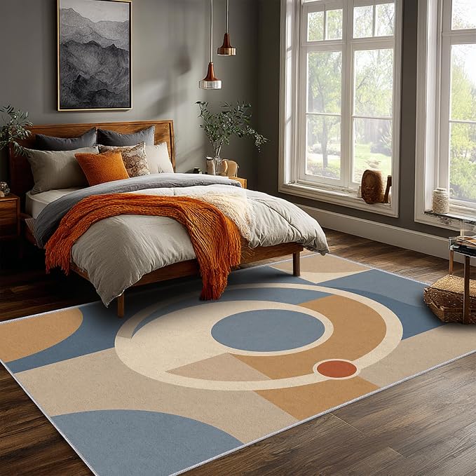 Mid Century Area Rug 6x8, Home Decor | Dusty Blue Camel Mod Orbit, Modern Abstract Circle Rug for Living Room, Bedroom, Home Office, Non Slip, Washable, Low Pile