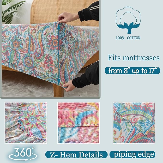 Zusbest Cotton Sheets Full 100% Cotton Pink Green Paisley Floral Bed Sheet Sets Watercolor Bedding Luxury Soft Breathable Crispy Cooling Percale Sheets 17.5'' Girls Deep Pocket Full Bed Set, 4 Pcs