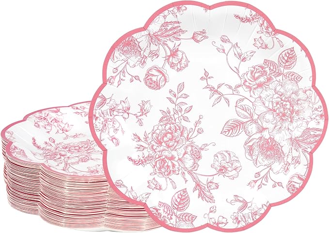 Pink Floral Party Plates Vintage Floral Leaf Disposable Paper Plates Wildflower Pink Toile 7" Scalloped Rim Dessert Plates for Valentines Birthday Bridal Tea Party Supplies (48)