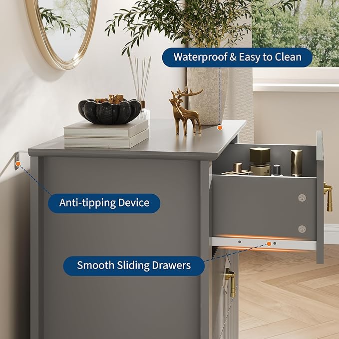 GarveeHome 2Pcs Wood Nightstand Fluted Dresser for Bedroom, 27.5" Wide 3-Drawer Bedside Tables, Modern Chest of Drawers, Storage End Table Living Room, Hallway, Entryway, Grey