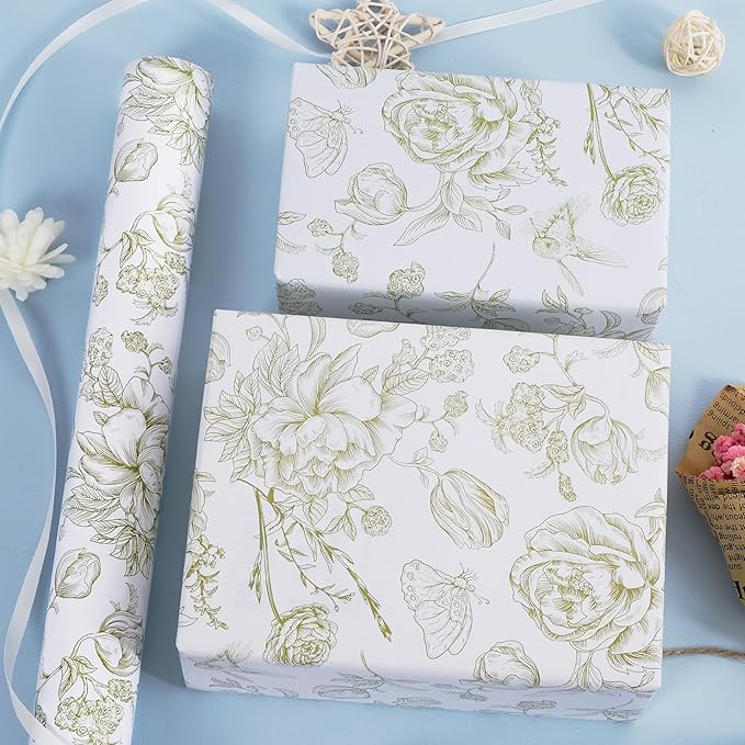RayofSun Green Floral Wrapping Paper Roll 17 in x 16.5 ft Mini Roll Vintage Toile Flower Gift Wrap Paper for All Occasion Wedding Birthday Bridal Shower Party Baby Shower Christmas