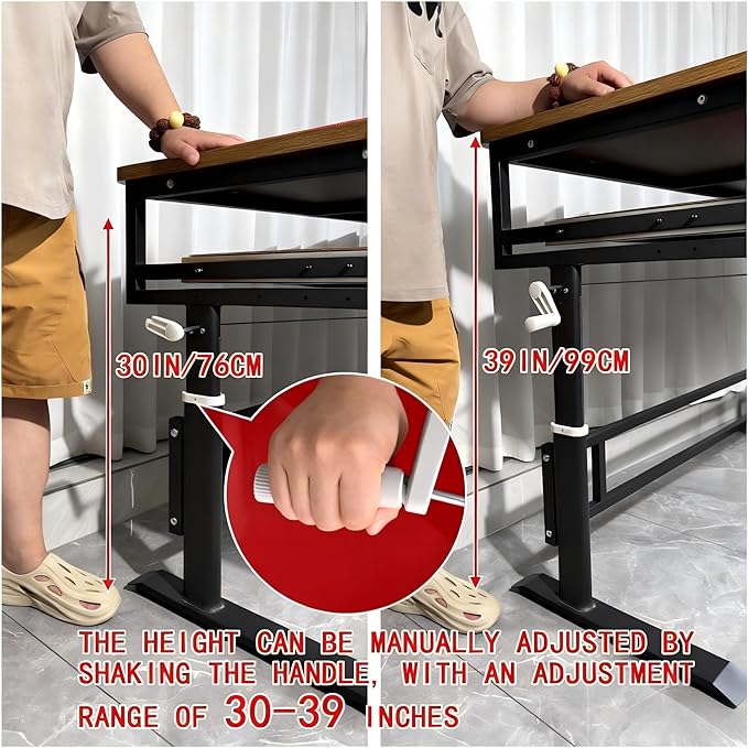 Studio Desk with Keyboard Tray | Hand-Crank Adjustable Standing Desk Workstation for Music Production, Cable Management, MIDI Keyboard Shelf (White, 55In)