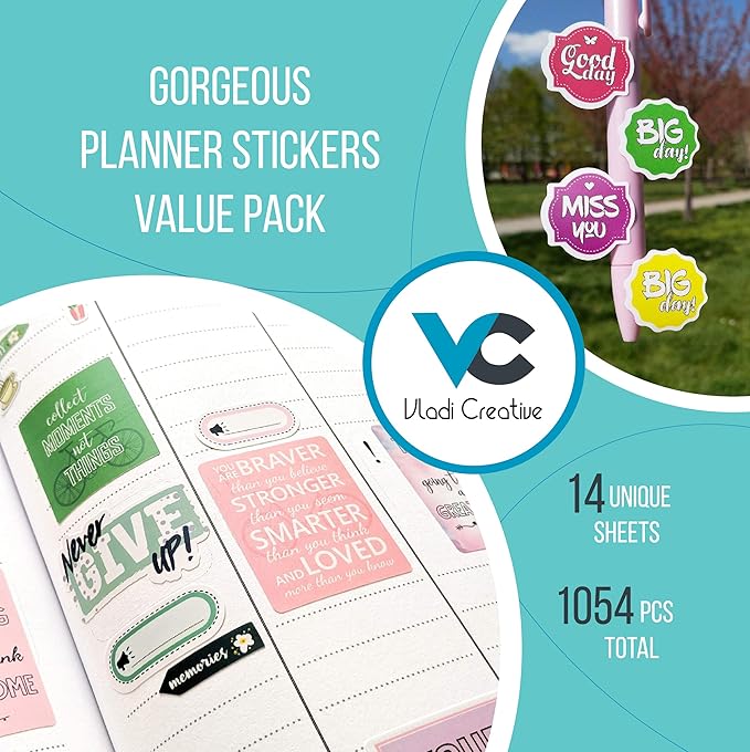 Vladi Creative Planner Stickers - 1054 Pieces, 15 Sheets, Decorative & Productivity-Boosting Colorful Stickers for Journals, Calendars, Scrapbooking, Time Management, & DIY Planner Decoration