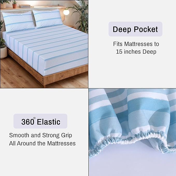 RUVANTI 100% Organic Cotton Sheets Queen Size, Percale Weave, GOTS Certified, 4-Piece Set, Deep Pocket 15", Crisp & Breathable, Soft Durable Bedding, Sábanas Algodón Orgánico – Nautical Stripes