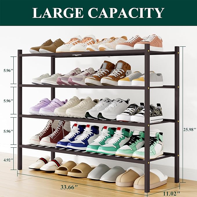 Smiry Shoe Rack, 4 Tier Long Bamboo Shoe Organizer, Stackable Free Standing Wooden Shoe Storage Shelf for Closet, Entryway, Front Door Entrance, Brown