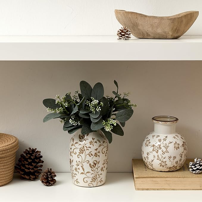 SIDUCAL Ceramic Vintage Vase, 7 Inch Retro Ice Cracked Chinoiserie Floral Vase, Rustic Farmhouse Vases for Home Decor, Bookshelf, Office, Garden, Chinoiserie Decor, Tuscan Decor, Brown Floral Pattern