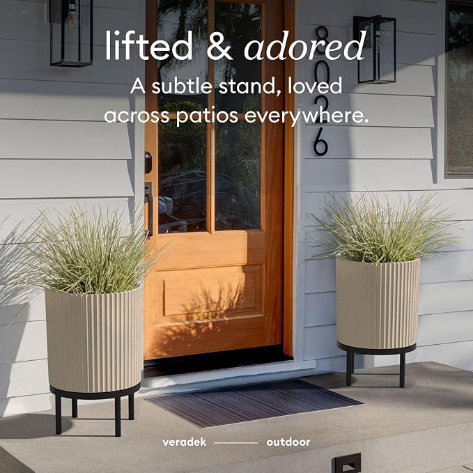 Veradek Demi Series Round Planter w/ Stand for Porch/Patio | Durable Plastic-Concrete & Wooden Stand | Modern Décor for Tall Plants, Flowers
