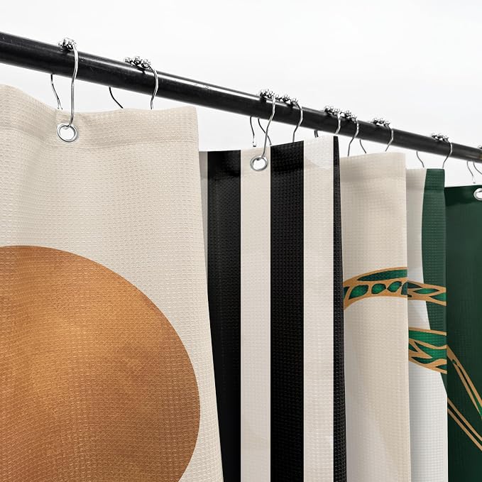 Glawry Waffle Green Shower Curtain Boho Abstract Mid Century Tropical Palm Tree Sun Arch Bathroom Modern Minimalist Aesthetic 72Wx72L Inches Bath Accessories Art Home Decor Fabric 12 Pack Hooks