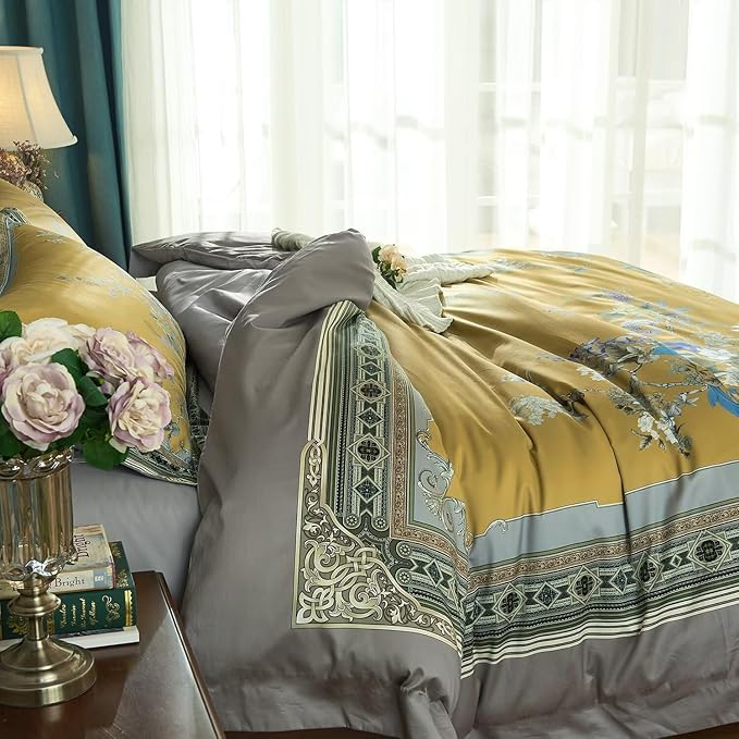 mixinni King Size Duvet Cover Set - 3PC Garden Style Long Staple Cotton Golden Floral Bedding, Chinoiserie Chic Botanical Print, Reversible Design, Zipper Closure, Soft & Breathable for Him & Her