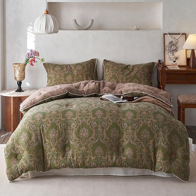HighBuy Queen Comforter Set Muslin Cotton Bedding Set Paisley Floral Print Comforter Luxury Breathable Boho Comforter Sets Green,1 Lightweight Comforter (90"x90") and 2 Pillowcases (20"x26")