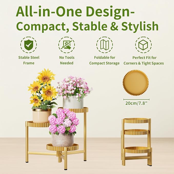 Stand Plants, 3 Tier Metal Corner Plant Stands for Outdoor Indoor, Heavy Duty Flower Pot Stands for Multiple Plants, Decoration Floding Tall Display Racks for Patio Garden -GoldFloroma